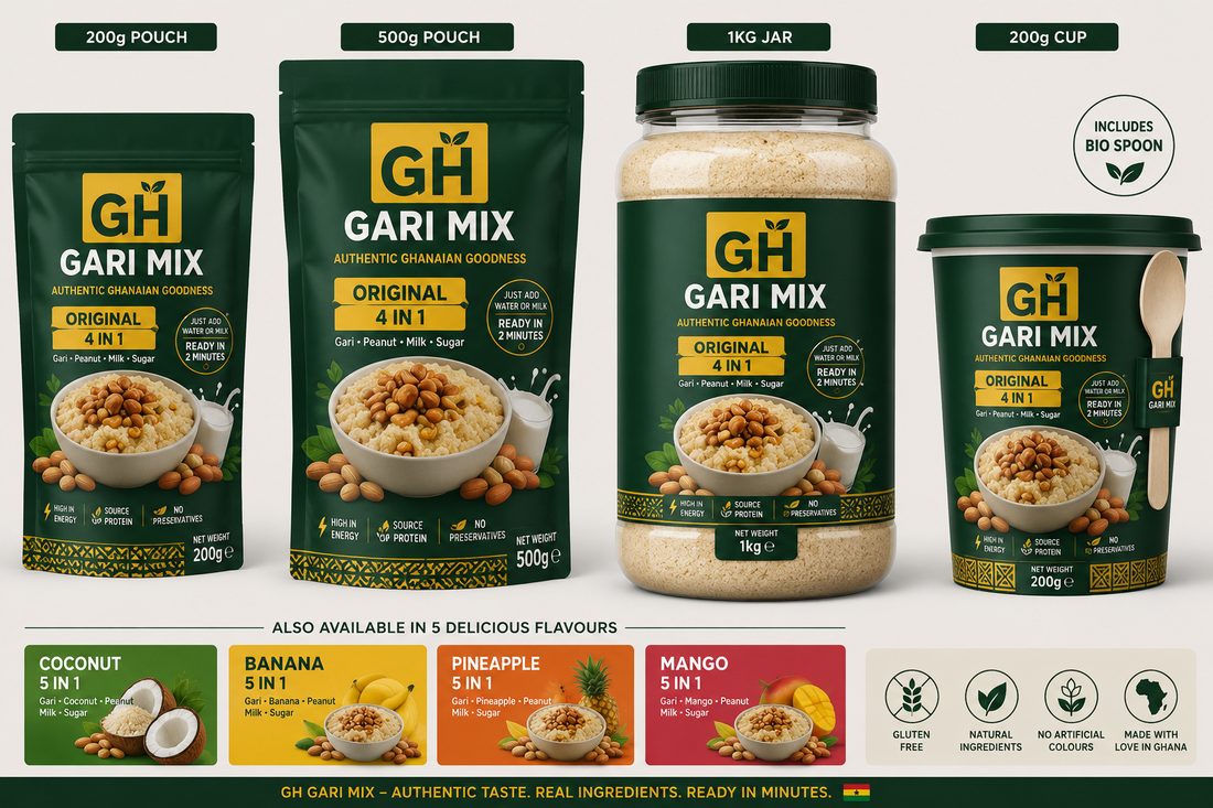 GH Gari Mix product range — 200g pouch, 500g pouch, 1kg jar, 200g cup, five flavours